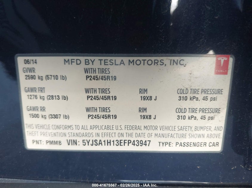 2014 TESLA MODEL S VIN: 5YJSA1H13EFP43947