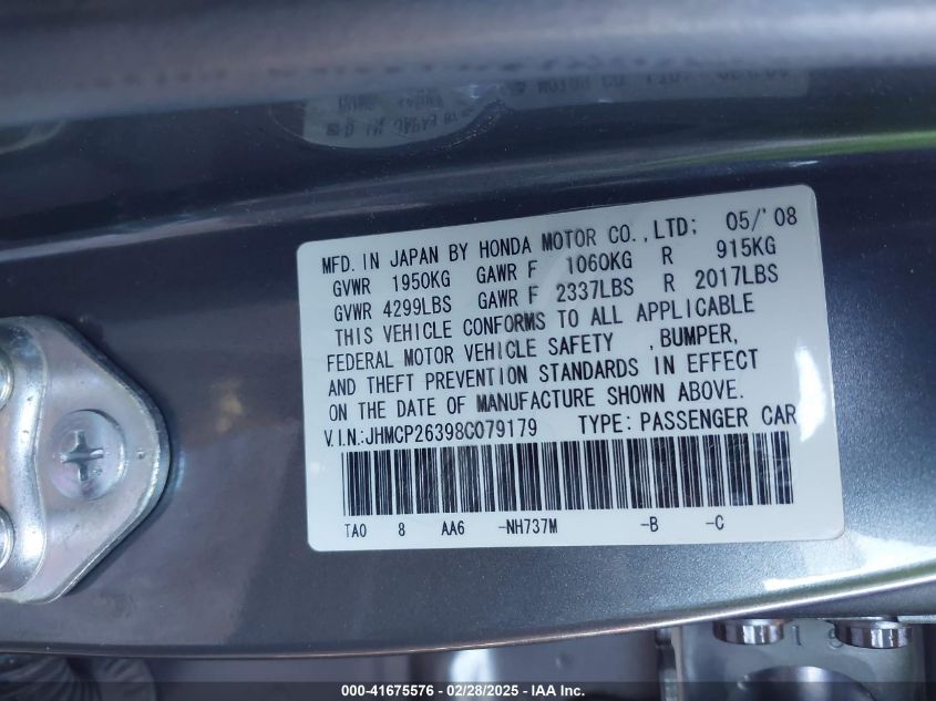 2008 Honda Accord 2.4 Lx VIN: JHMCP26398C079179 Lot: 41675576