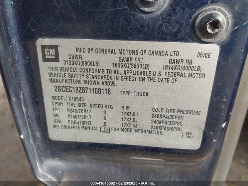 2007 Chevrolet Silverado 1500 Classic Lt2 VIN: 2GCEC13Z871108118 Lot: 41675582
