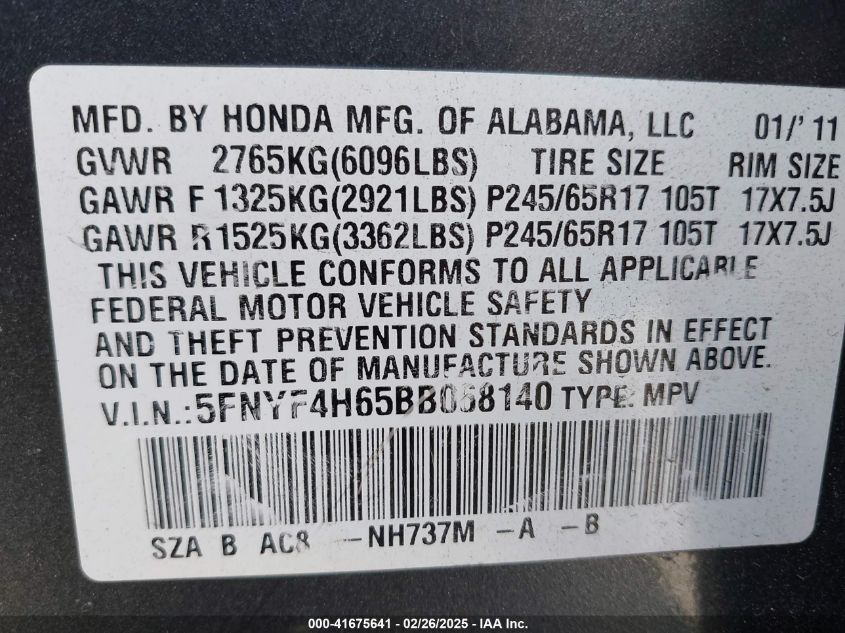 2011 Honda Pilot Ex-L VIN: 5FNYF4H65BB068140 Lot: 41675641