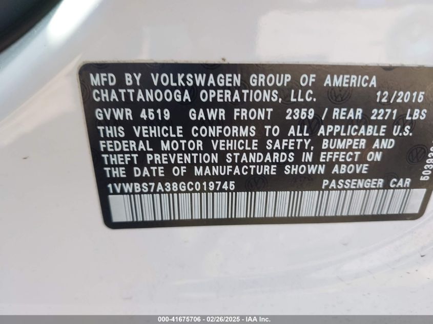 2016 Volkswagen Passat 1.8T Se VIN: 1VWBS7A38GC019745 Lot: 41675706