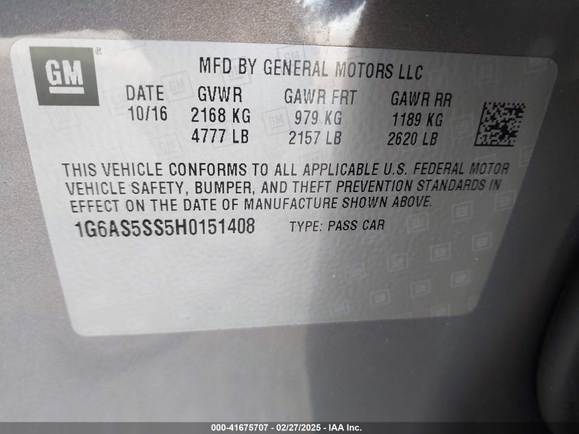 2017 Cadillac Cts Premium Luxury VIN: 1G6AS5SS5H0151408 Lot: 41675707