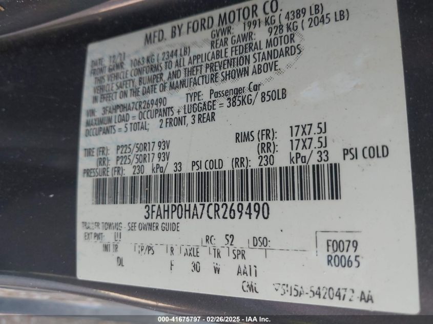 2012 Ford Fusion Se VIN: 3FAHP0HA7CR269490 Lot: 41675797