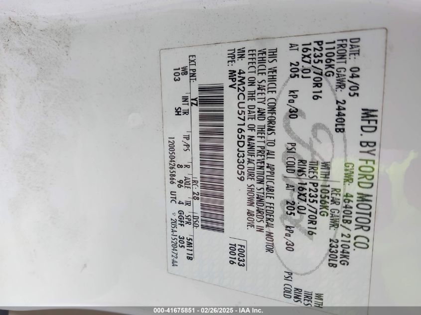 2005 Mercury Mariner Luxury/Premier VIN: 4M2CU57165DJ33059 Lot: 41675851