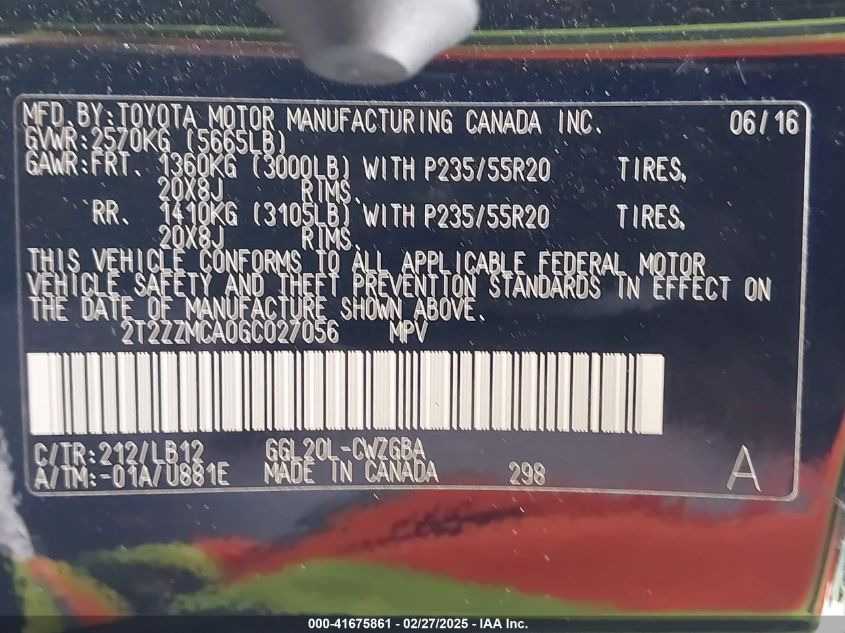 2016 Lexus Rx 350 VIN: 2T2ZZMCA0GC027056 Lot: 41675861