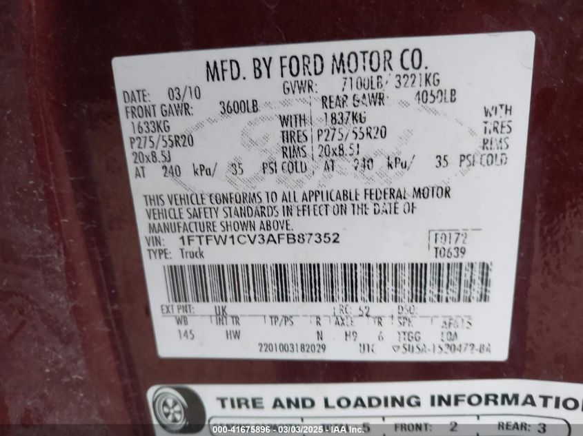 2010 Ford F-150 Lariat VIN: 1FTFW1CV3AFB87352 Lot: 41675896