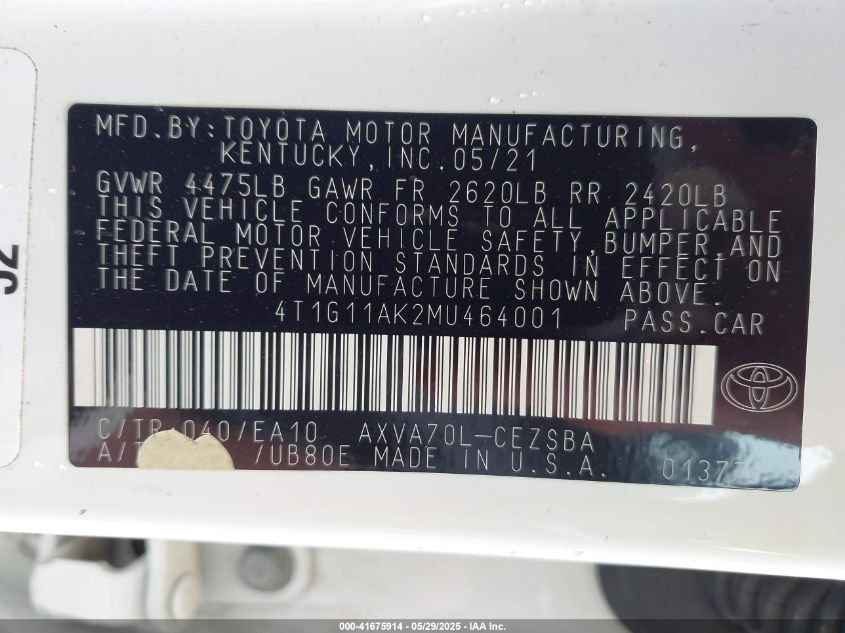 2021 Toyota Camry Se VIN: 4T1G11AK2MU464001 Lot: 41675914