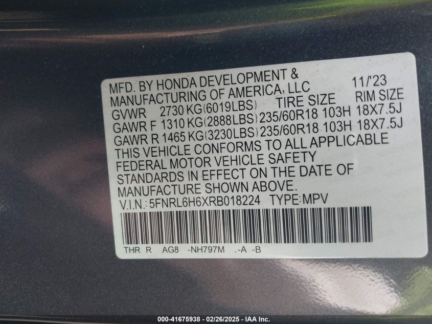 2024 Honda Odyssey Ex-L VIN: 5FNRL6H6XRB018224 Lot: 41675938