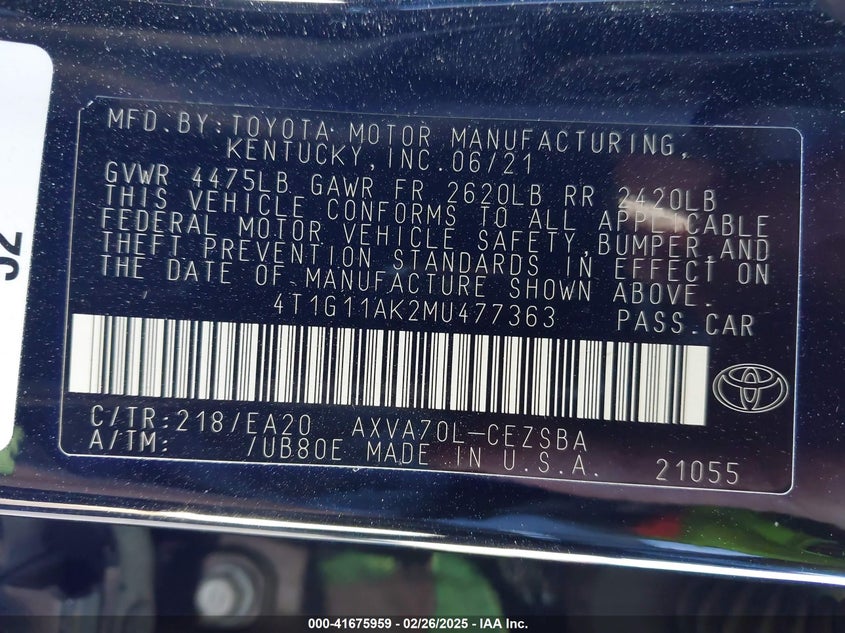 2021 TOYOTA CAMRY VIN: 4T1G11AK2MU477363