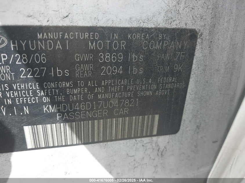 2007 HYUNDAI ELANTRA VIN: KMHDU46D17U047821