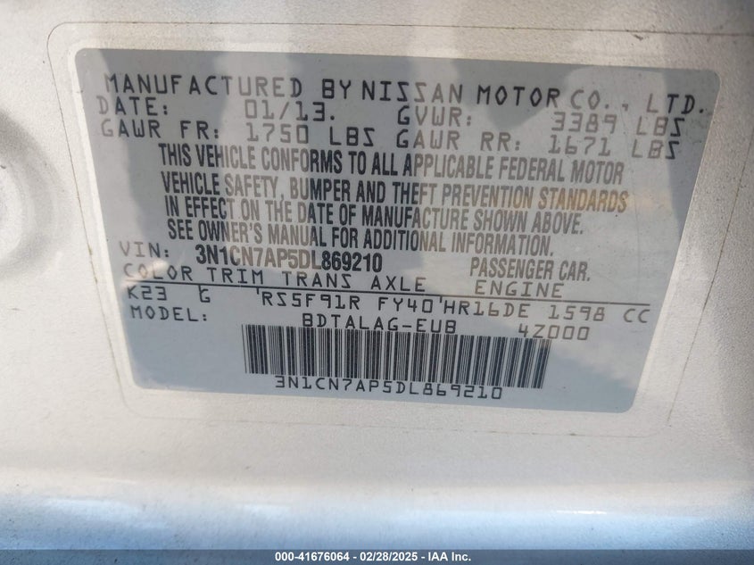 2013 NISSAN VERSA VIN: 3N1CN7AP5DL869210