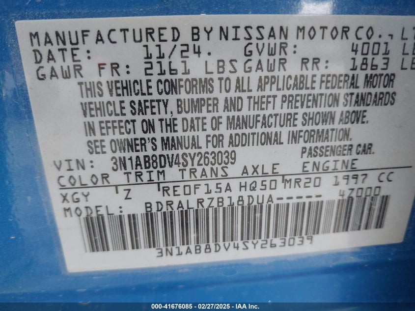 VIN 3N1AB8DV4SY263039 2025 NISSAN SENTRA SR