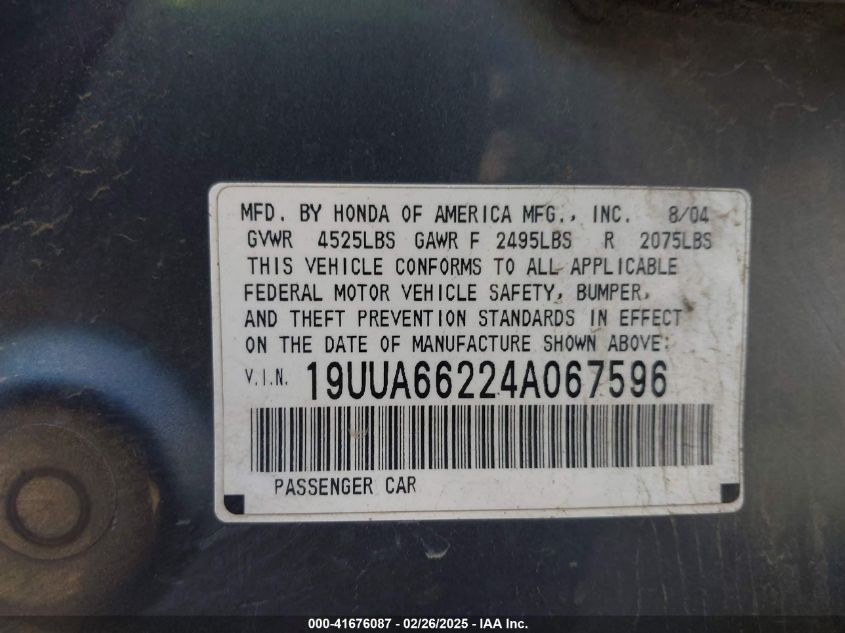 2004 Acura Tl VIN: 19UUA66224A067596 Lot: 41676087