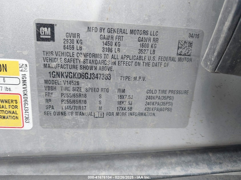 2016 CHEVROLET TRAVERSE VIN: 1GNKVGKD6GJ347363