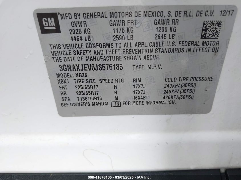 2018 Chevrolet Equinox Lt VIN: 3GNAXJEV6JS576185 Lot: 41676105