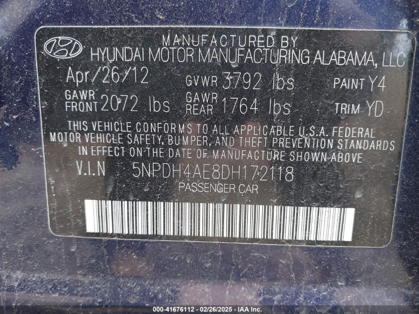 2013 Hyundai Elantra Limited VIN: 5NPDH4AE8DH172118 Lot: 43430872