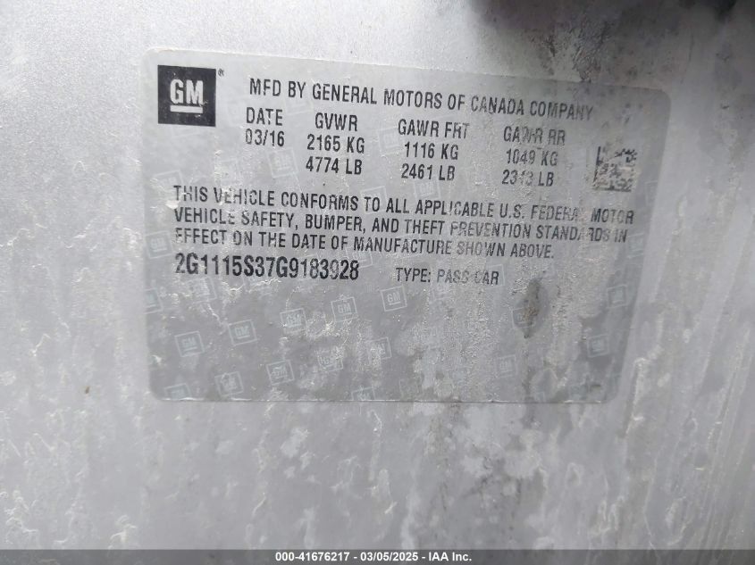 2016 Chevrolet Impala 2Lt VIN: 2G1115S37G9183928 Lot: 41676217