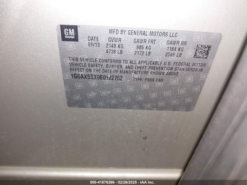2014 Cadillac Cts Luxury VIN: 1G6AX5SX9E0122762 Lot: 41676266