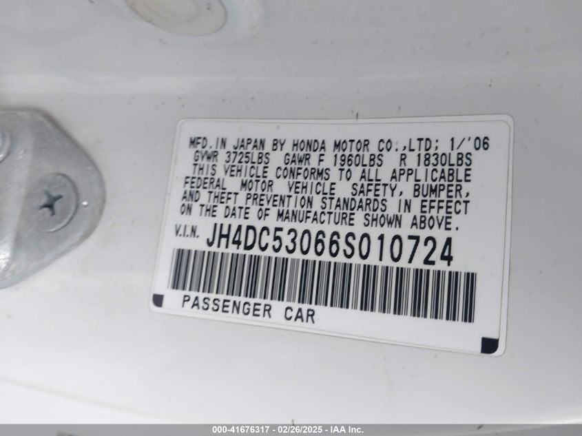 2006 Acura Rsx Type S VIN: JH4DC53066S010724 Lot: 41676317