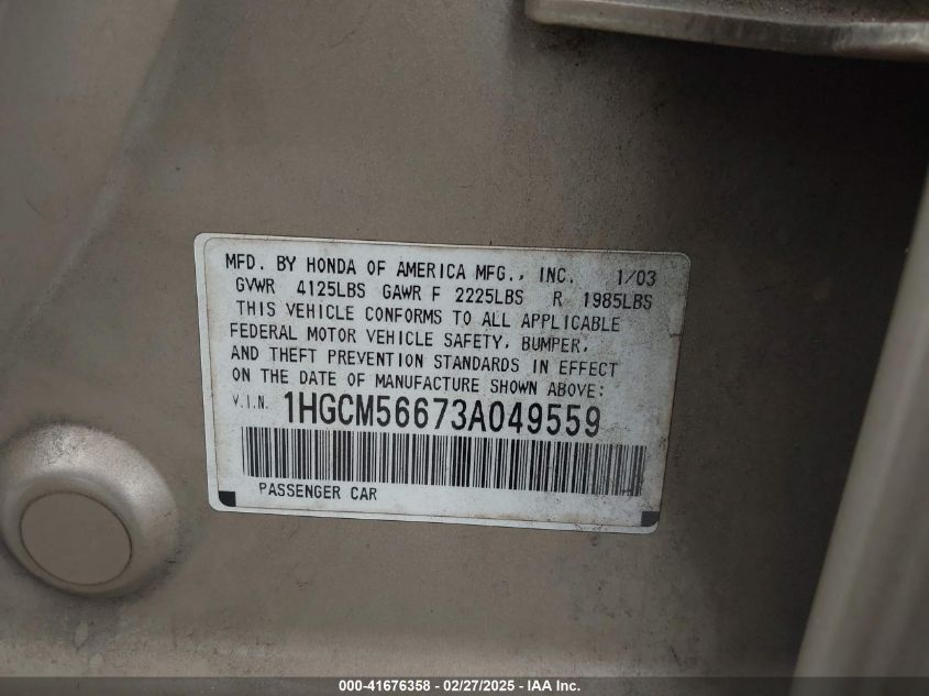 2003 Honda Accord 2.4 Ex VIN: 1HGCM56673A049559 Lot: 41676358