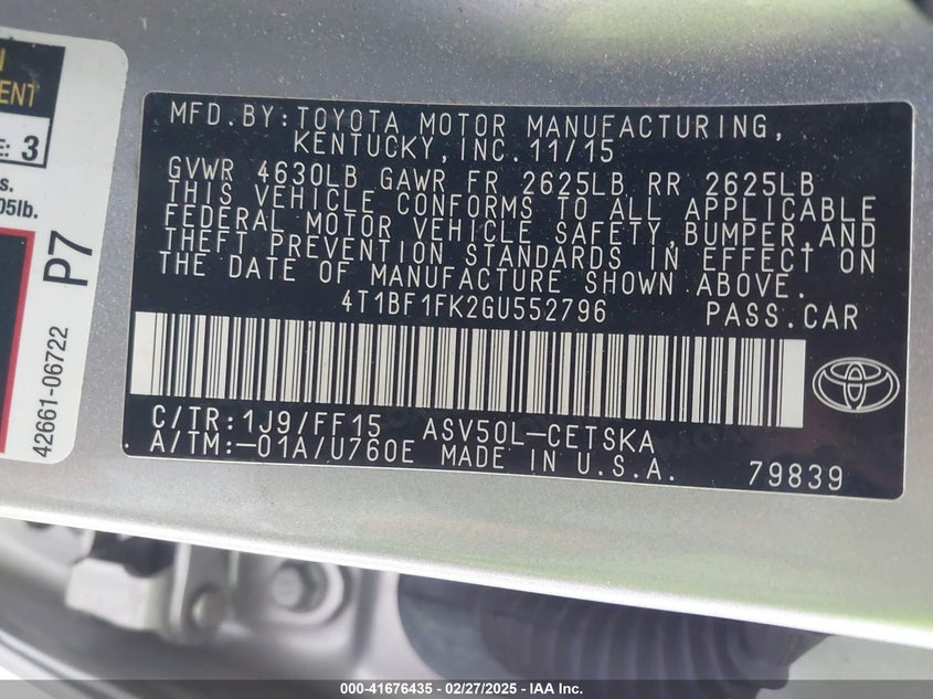 2016 TOYOTA CAMRY VIN: 4T1BF1FK2GU552796
