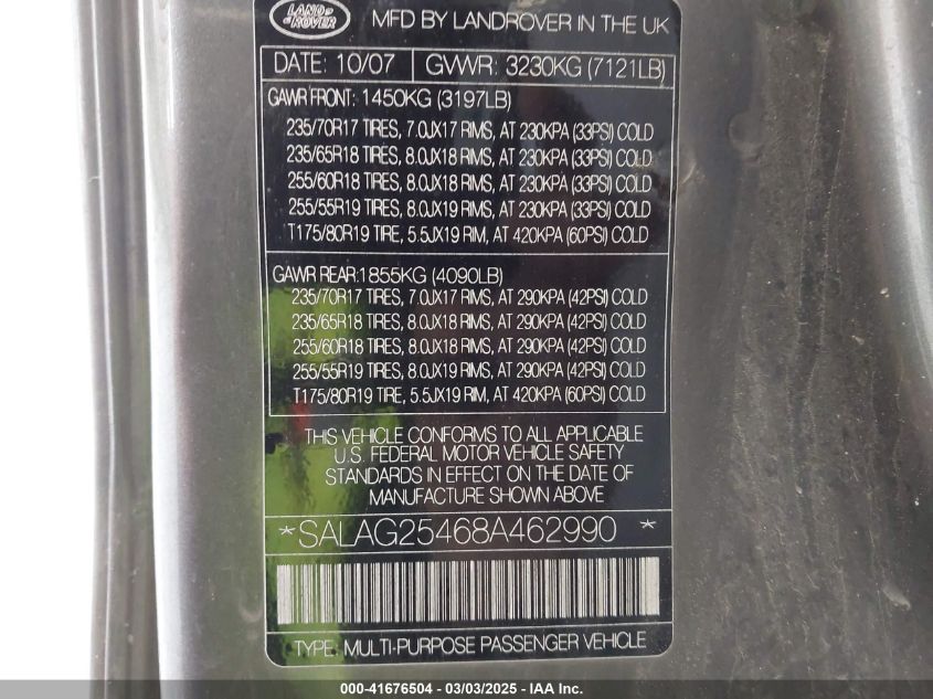 2008 Land Rover Lr3 V8 Hse VIN: SALAG25468A462990 Lot: 41676504