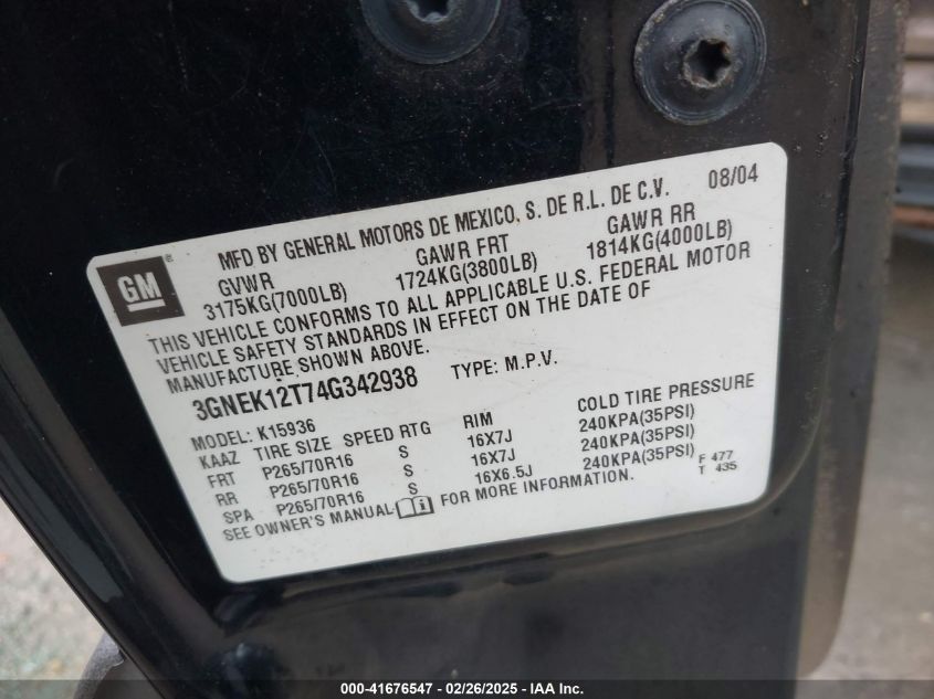 2004 Chevrolet Avalanche 1500 VIN: 3GNEK12T74G342938 Lot: 41676547