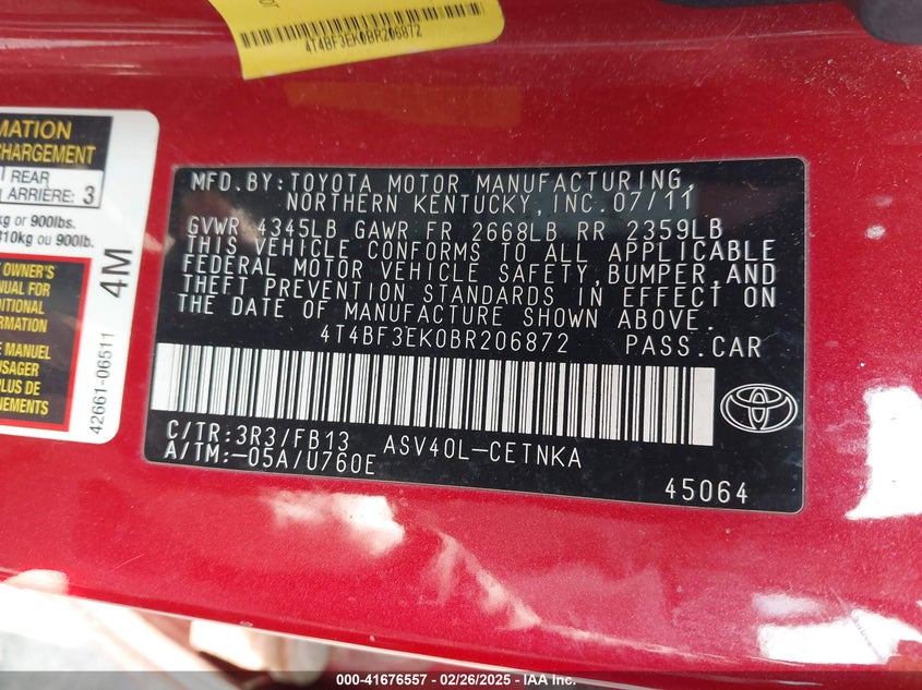 2011 TOYOTA CAMRY VIN: 4T4BF3EK0BR206872