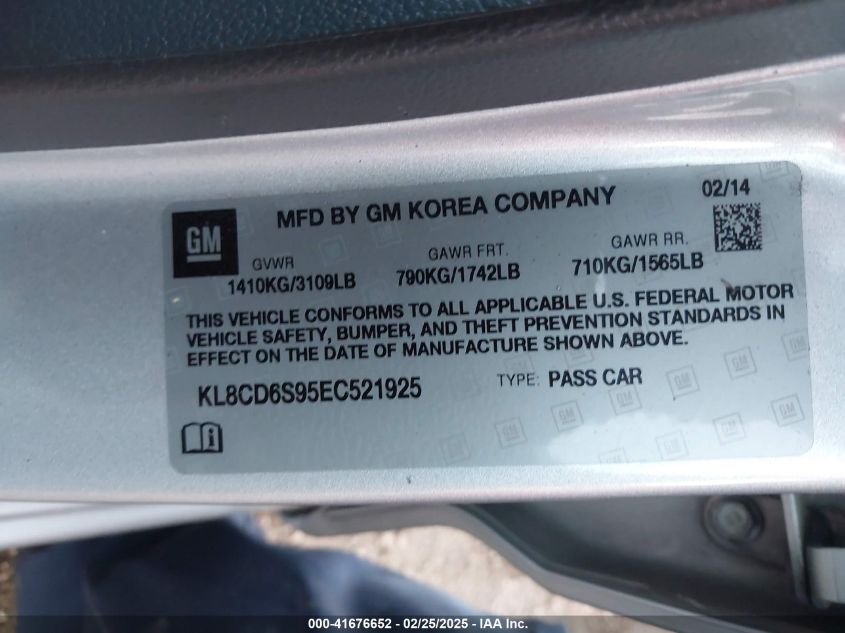 2014 Chevrolet Spark 1Lt Auto VIN: KL8CD6S95EC521925 Lot: 41676652