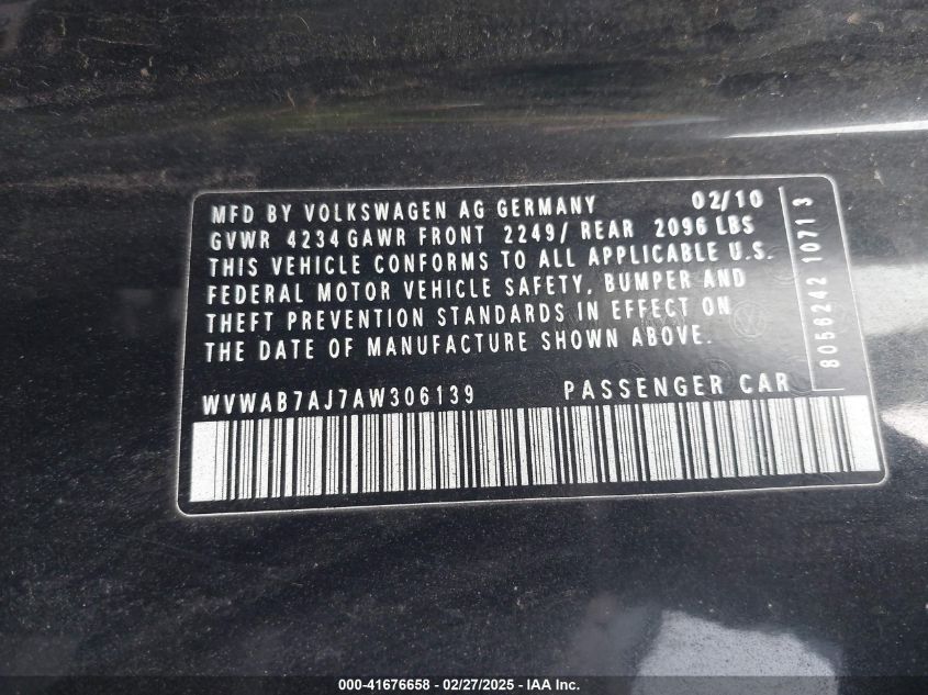 2010 Volkswagen Golf 2-Door VIN: WVWAB7AJ7AW306139 Lot: 41676658
