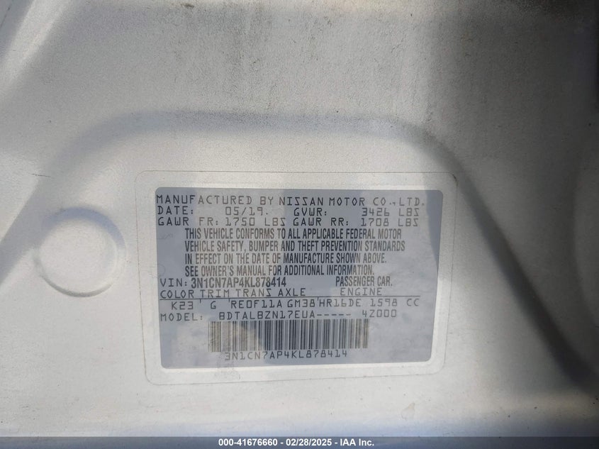 2019 NISSAN VERSA 1.6 SV - 3N1CN7AP4KL878414