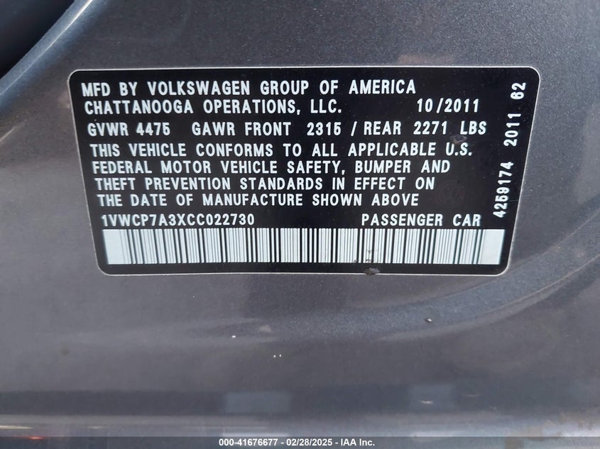 2012 VOLKSWAGEN PASSAT VIN: 1VWCP7A3XCC022730