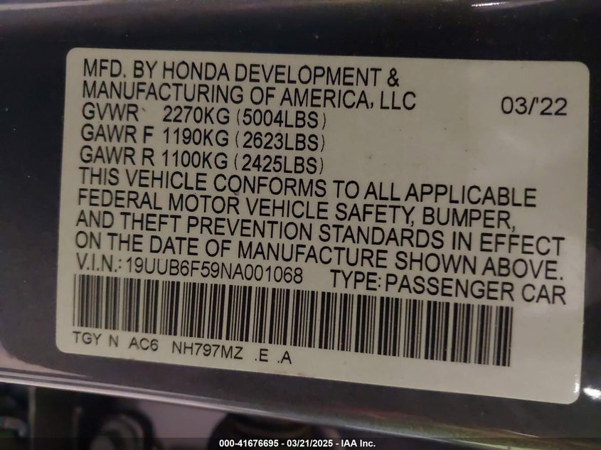 2022 ACURA TLX VIN: 19UUB6F59NA001068