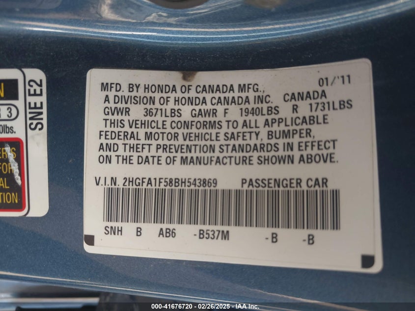 2011 HONDA CIVIC VIN: 2HGFA1F58BH543869
