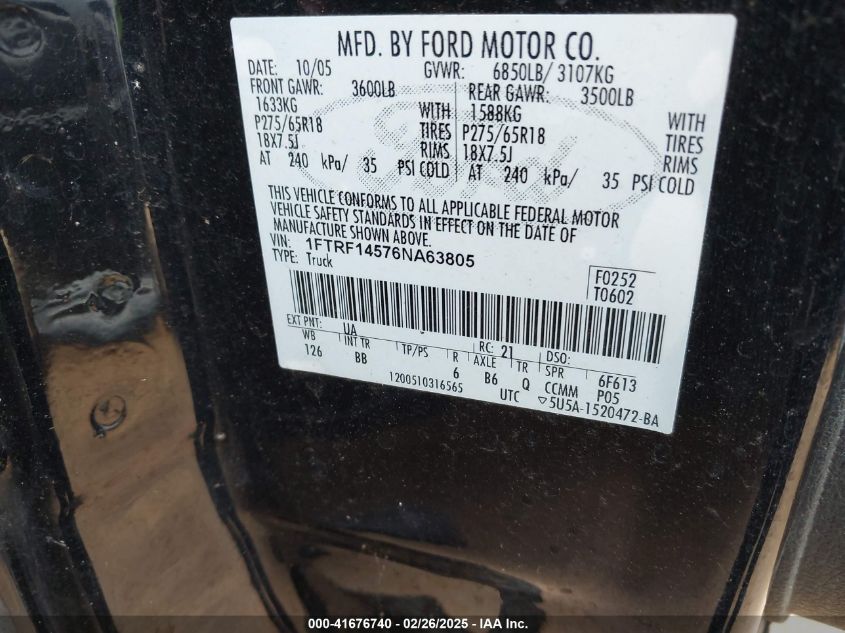 2006 Ford F-150 Fx4/Xl/Xlt VIN: 1FTRF14576NA63805 Lot: 41676740