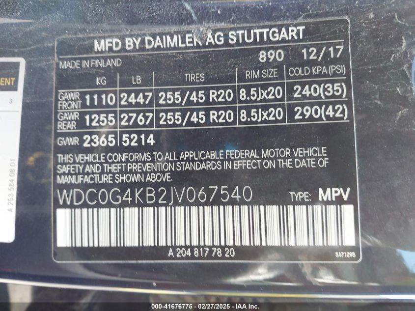 2018 Mercedes-Benz Glc 300 4Matic VIN: WDC0G4KB2JV067540 Lot: 41676775