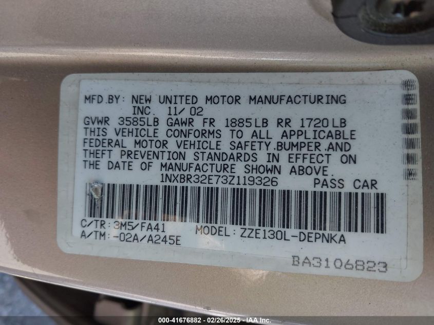 2003 Toyota Corolla Le VIN: 1NXBR32E73Z119326 Lot: 41676882