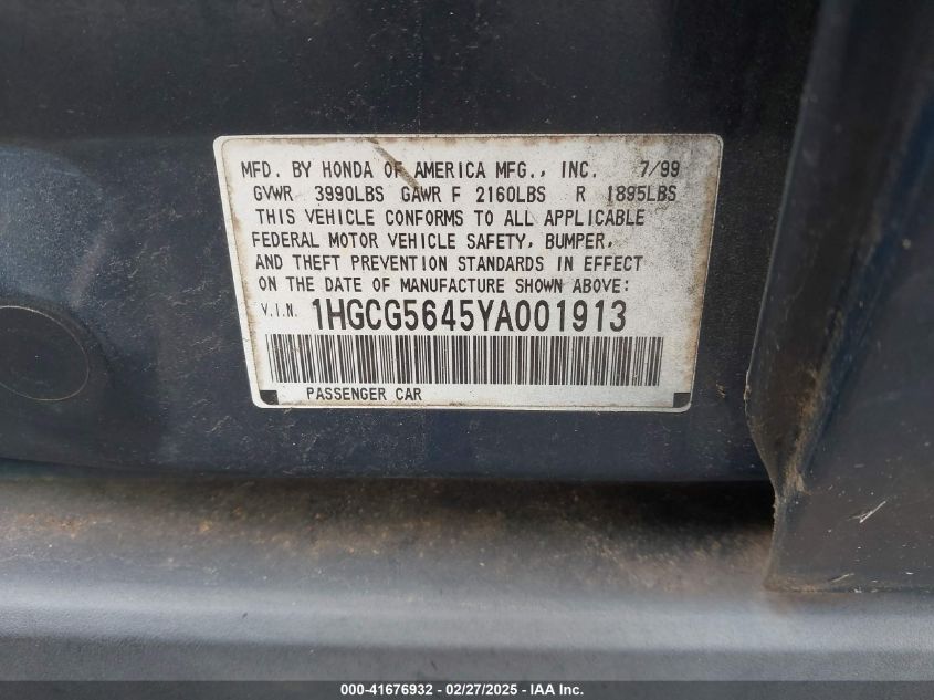 2000 Honda Accord 2.3 Lx VIN: 1HGCG5645YA001913 Lot: 41676932