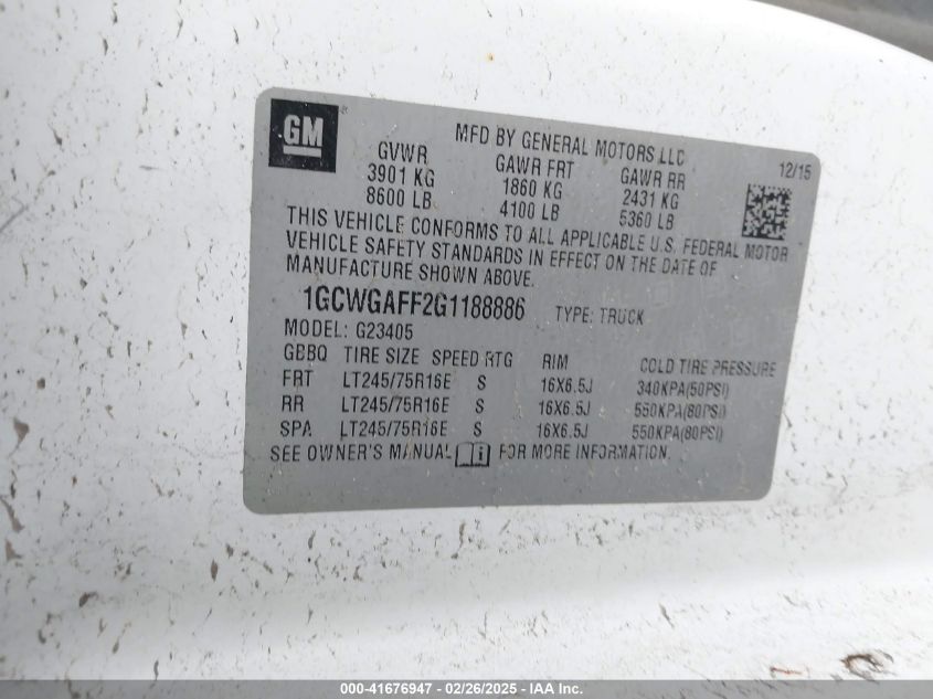 2016 Chevrolet Express 2500 Work Van VIN: 1GCWGAFF2G1188886 Lot: 41676947