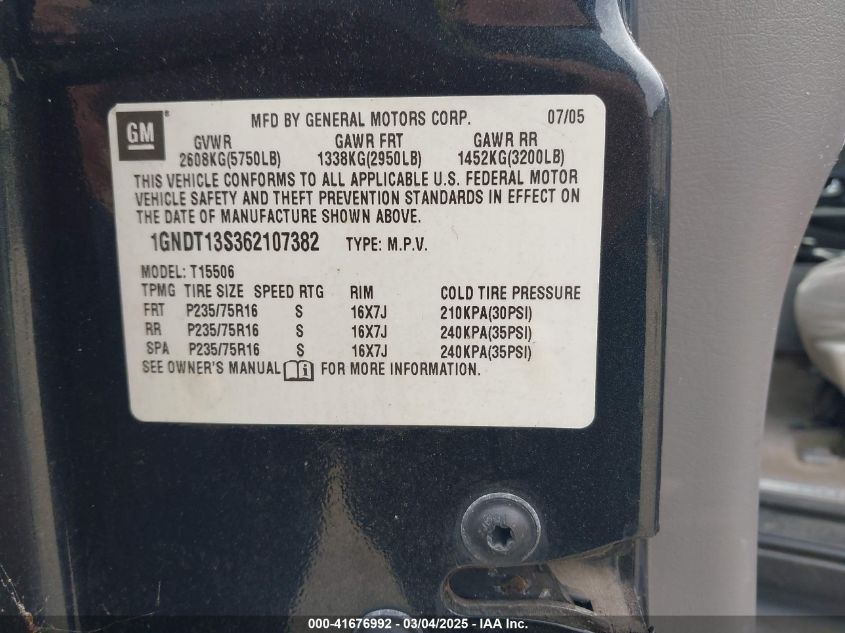 2006 Chevrolet Trailblazer Ls VIN: 1GNDT13S362107382 Lot: 41676992