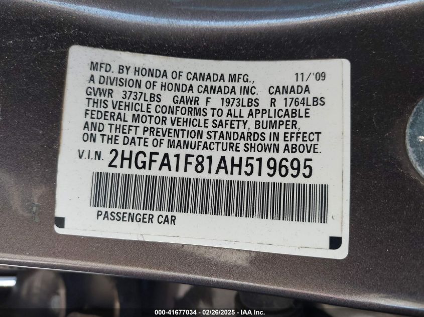 2010 Honda Civic Ex VIN: 2HGFA1F81AH519695 Lot: 41677034