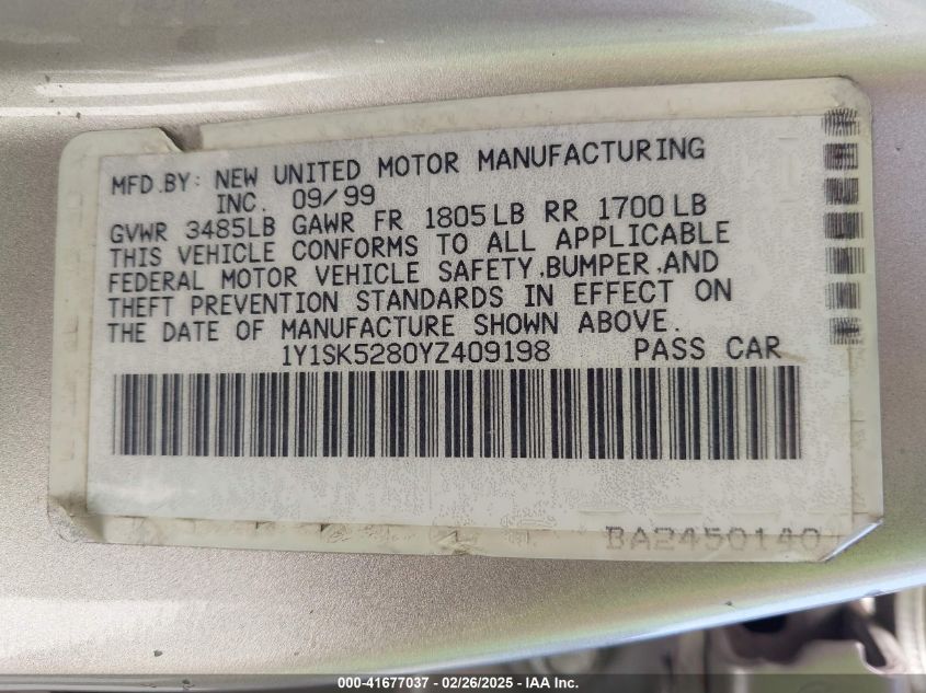 2000 Chevrolet Prizm VIN: 1Y1SK5280YZ409198 Lot: 41677037