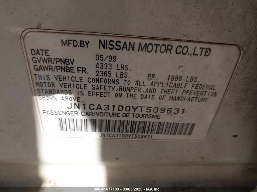 2000 Nissan Maxima Gle/Gxe/Se VIN: JN1CA31D0YT509631 Lot: 41677133