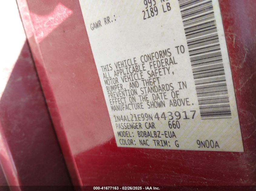 2009 Nissan Altima 2.5 S VIN: 1N4AL21E99N443917 Lot: 41677163