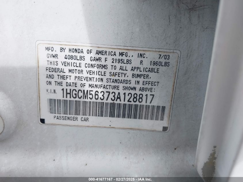 2003 Honda Accord 2.4 Lx VIN: 1HGCM56373A128817 Lot: 41677167