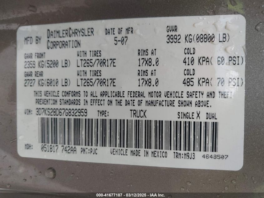 2007 Dodge Ram 2500 Slt/Trx4 Off Road/Sport/Power Wagon VIN: 3D7KS28D67G832959 Lot: 41677187