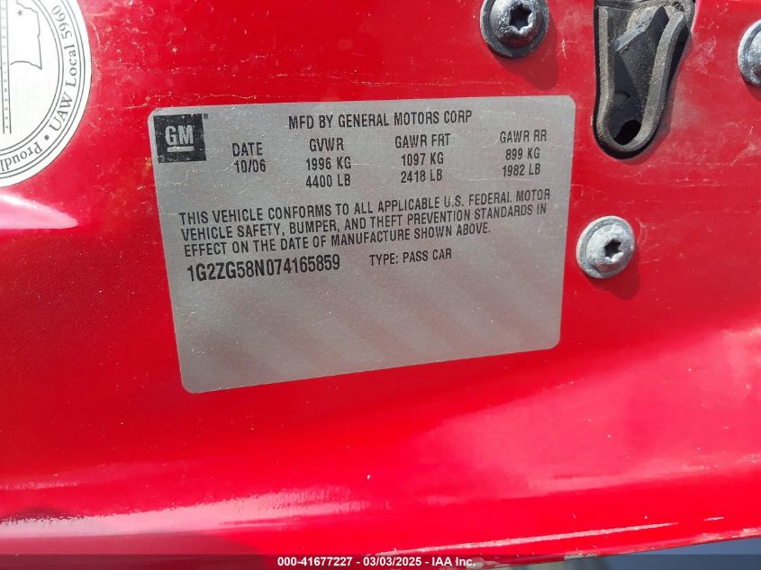 2007 Pontiac G6 Se VIN: 1G2ZG58NO74165859 Lot: 41677227