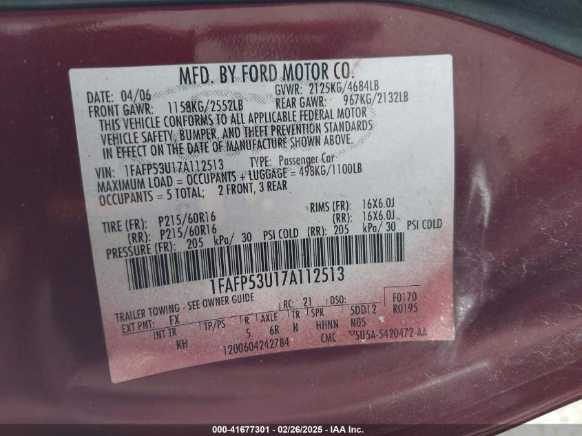 2007 Ford Taurus Se VIN: 1FAFP53U17A112513 Lot: 41677301