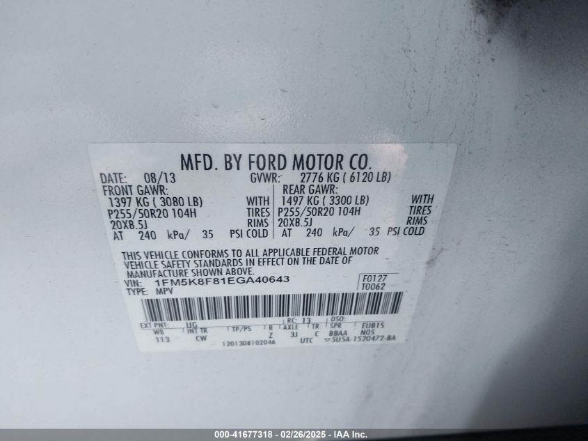 2014 Ford Explorer Limited VIN: 1FM5K8F81EGA40643 Lot: 41677318