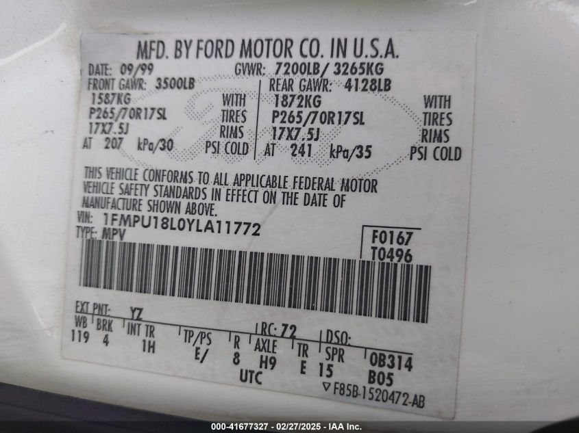 2000 Ford Expedition Eddie Bauer VIN: 1FMPU18L0YLA11772 Lot: 41677327